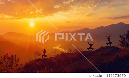 AI-generated content. Sunrise Yoga Session on Mountain Peak. Resplendent. 112173670