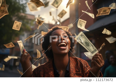 AI-generated content. Happy person getting bonus money and banknotes flying in the air comeliness 112173672