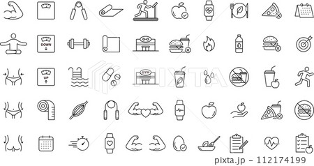 筋肉・健康・フィットネスなどに関する線画アイコンセット 112174199