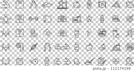 筋肉・健康・フィットネスなどに関する線画アイコンセット 112174199