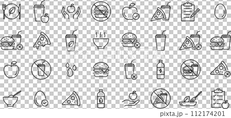 Line drawing icon set about meals Line drawing icon set about meals 112174201