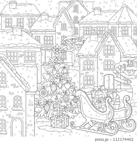 Santa Claus sleigh with Christmas tree in the winter city. line art 112174402