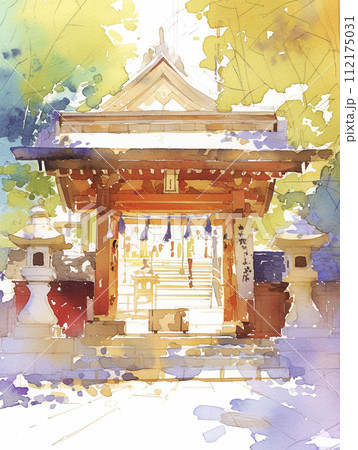 水彩で描いた朱色の神社の背景　AI画像 112175031