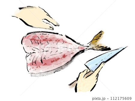 魚（鯵）を捌いている和風手書きイラスト 112175609