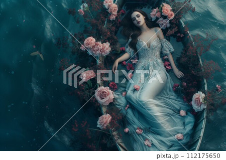 AI-generated content. Mystical Lady in Floral Boat Drifting on Water AI-generated content. Mystical Lady in Floral Boat Drifting on Water 112175650