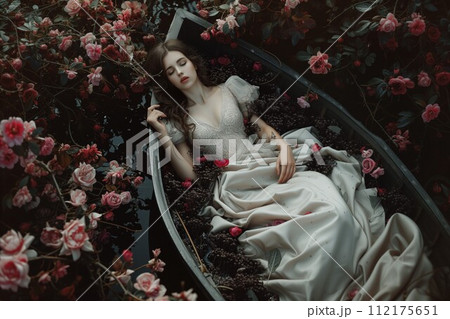 AI-generated content. Mystical Lady in Floral Boat Drifting on Water AI-generated content. Mystical Lady in Floral Boat Drifting on Water 112175651