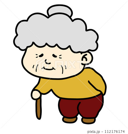 腰が曲がり杖をつくおばあちゃん（老婆） 112176174