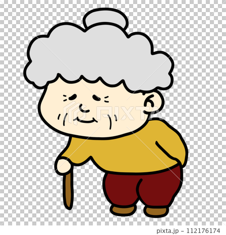 腰が曲がり杖をつくおばあちゃん（老婆） 112176174