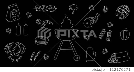 bbq grill party line doodle elements set 112176271