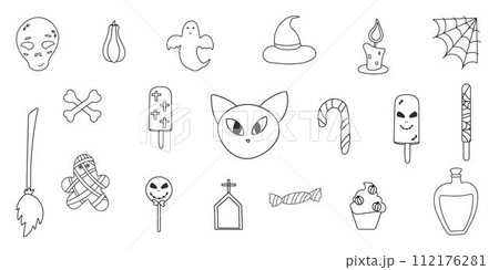 halloween pumpkin sweets bones line element set 112176281