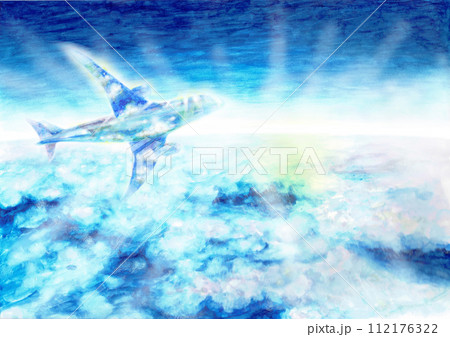雲海を飛ぶ飛行機　手描き 112176322