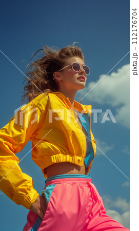 AI-generated content. Woman in Colorful Retro Workout Attire Posing 112176704