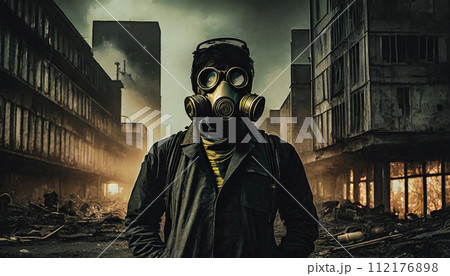 ガスマスクを着けた男性（AI生成画像） 112176898