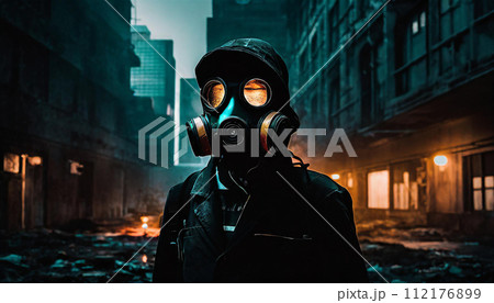 ガスマスクを着けた男性（AI生成画像） 112176899