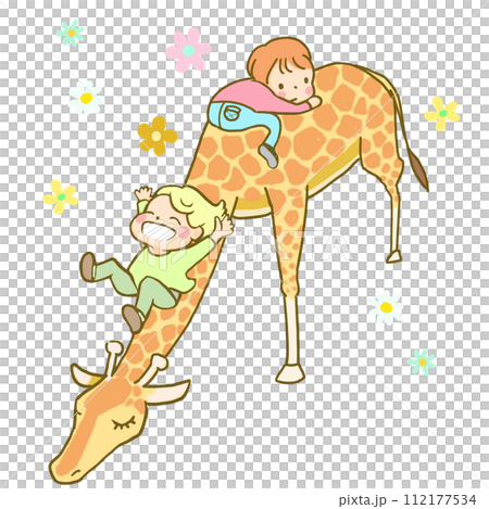 Giraffe and children playing on the slide Giraffe and children playing on the slide 112177534