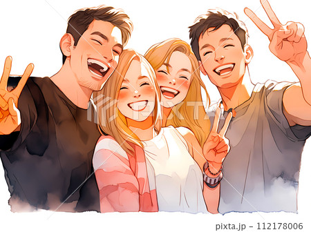 ピースサインをしている笑顔の若い男女 ピースサインをしている笑顔の若い男女 112178006