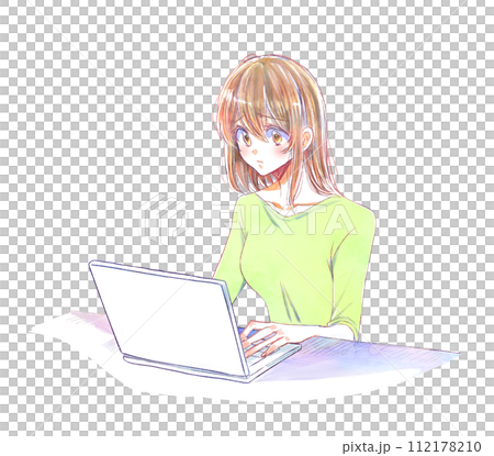 Woman operating a computer, disgusted face Woman operating a computer, disgusted face 112178210