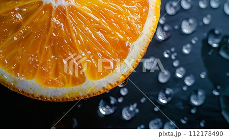 A macro shot captures the vibrant texture and water drops on a fresh orange slice against a dark background. Hyper-realistic. 112178490