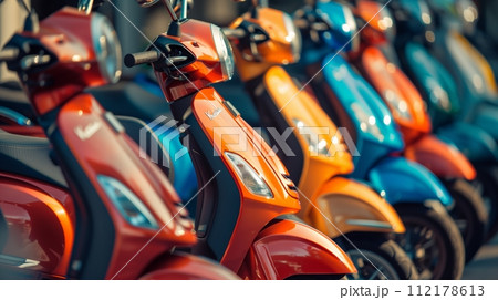 Row of new scooters for sale. Row of new scooters for sale. 112178613