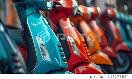 Row of new scooters for sale. Displayed outside. Row of new scooters for sale. Displayed outside. 112178614