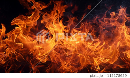 High-resolution image featuring an extremely close-up view and crisp texture of a fire flame on a black background. High-resolution image featuring an extremely close-up view and crisp texture of a fire flame on a black background. 112178629