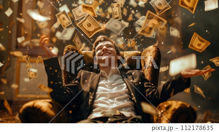 Jackpot winner in the lottery, a rich man sits in a chair with a big smile, basking in a rain of money. 112178635