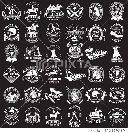 Set of Ballroom dance, polo and horse riding club sport club logos, badges design on chalkboard. Vector illustration. Sport sticker with equestrian, rider, helmet and horse, shoes for ballroom dancing 112179219