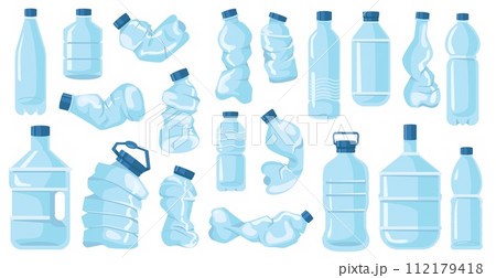 Cartoon crumpled bottles. Broken containers for drinking water. Plastic garbage. Crushed empty packages. Disposable flasks. Compressed pack. Recycling waste elements. Recent vector set 112179418