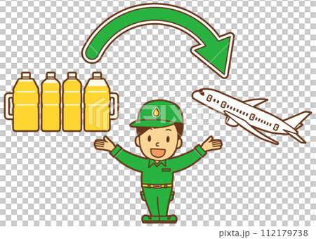 使用廢油作為SAF(可持續航空燃料)的圖像和穿著工作服的男性角色 使用廢油作為SAF(可持續航空燃料)的圖像和穿著工作服的男性角色 112179738