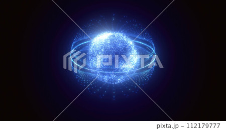 Blue energy magic circle sphere ball of futuristic waves and lines of particles of atom energy and electricity. Abstract background Blue energy magic circle sphere ball of futuristic waves and lines of particles of atom energy and electricity. Abstract background 112179777