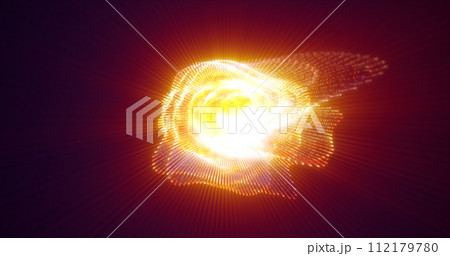 Abstract glowing looped light hi-tech energy yellow sphere atom clot of energy from lines and particles futuristic, abstract background 112179780
