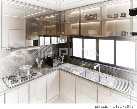 modern kitchen room interior design, 3d rendering modern kitchen room interior design, 3d rendering 112179875
