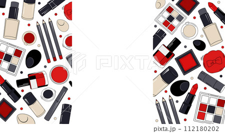Vector rectangular frame with red makeup elements for text. Vignette with cosmetics for design Vector rectangular frame with red makeup elements for text. Vignette with cosmetics for design 112180202
