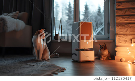Automated smart pet feeder in a cozy corner 112180417