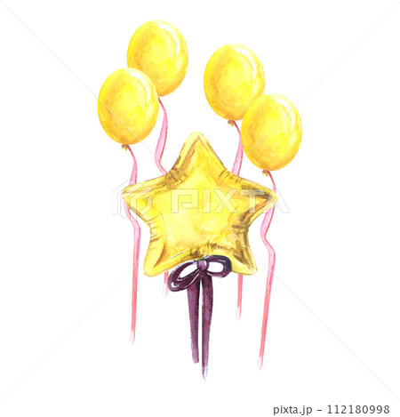 Balloon star birthday watercolor drawing set bow ribbon. Anniversary holiday celebration object yellow. Decoration isolated white background. Aquarelle party glossy air gift. Greeting day bright 112180998