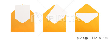 Blank greeting card mockup, postcard mock up in open paper envelope, set isolated on white 112181840