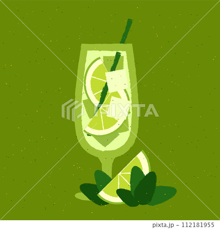 Green cocktail with lime, mint. Mojito. Cold soft liquid with citrus. Stemware with juice 112181955
