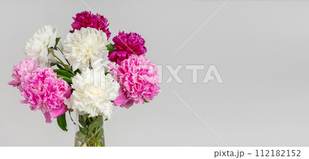 Fresh blooming bouquet of pink and white peonies in a vase on light gray background, copy space 112182152