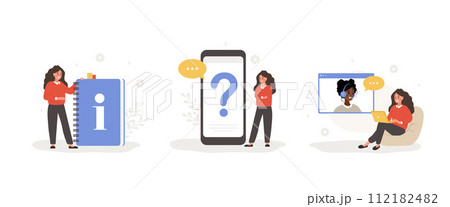 Customer support. Female characters ask questions, get answers, and read user manual. FAQ concept. Online help service. Set of vector illustration in flat cartoon style 112182482