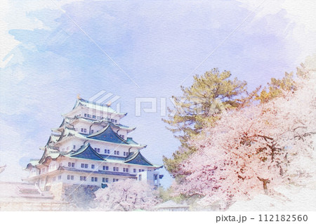 愛知県]名古屋市名古屋城と桜の水彩画のイラスト素材 [112182560] - PIXTA