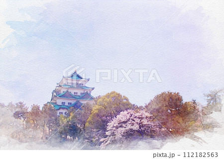 浮世絵風な水彩画 桜咲く名古屋城 【公式通販】