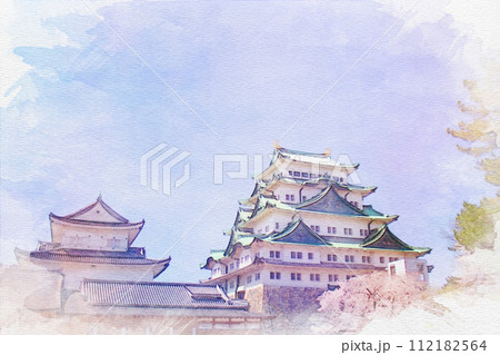 愛知県]名古屋市名古屋城と桜の水彩画のイラスト素材 [112182564] - PIXTA