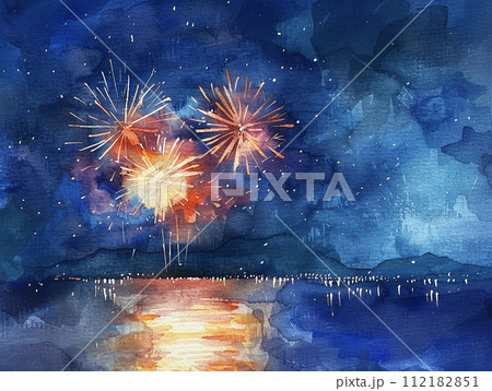 夜空に輝く打ち上げ花火の水彩画 AI画像のイラスト素材 [112182851