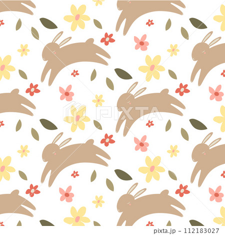 Easter lovely rabbits pattern with leaves and flowers. Cute childish seamless pattern in cartoon style. 112183027