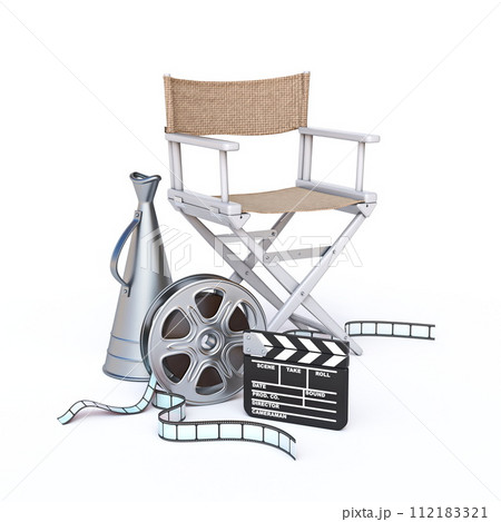 Directors chair, film reel, old megaphone and clapperboard 3D Directors chair, film reel, old megaphone and clapperboard 3D 112183321