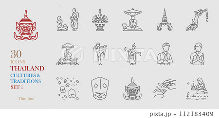 Thai tradition icon set vector illustration thin line Thai tradition icon set vector illustration thin line 112183409