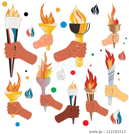 sport, torch with fire, sports torch, fire, olive branch, rings. use it for posts and stories, for the design of sports competitions	 112183513