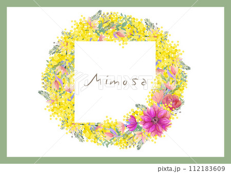 ミモザアカシア　ベクター素材　フレーム　ブーケ　リース　ドライフラワー　花束 112183609