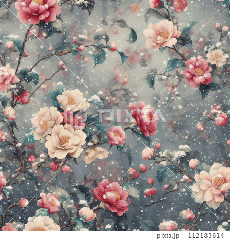 椿の花と雪の水彩画風イラスト 椿の花と雪の水彩画風イラスト 112183614