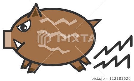猪突猛進で走る凶暴な野生動物のイノシシを可愛く描いたイラスト 112183626